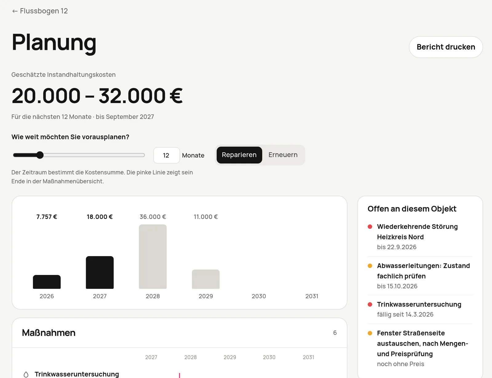 Planung in der Demo: geschätzte Instandhaltungskosten von 20.000 bis 32.000 Euro für zwölf Monate, Regler für den Planungszeitraum und Kosten nach Jahren.